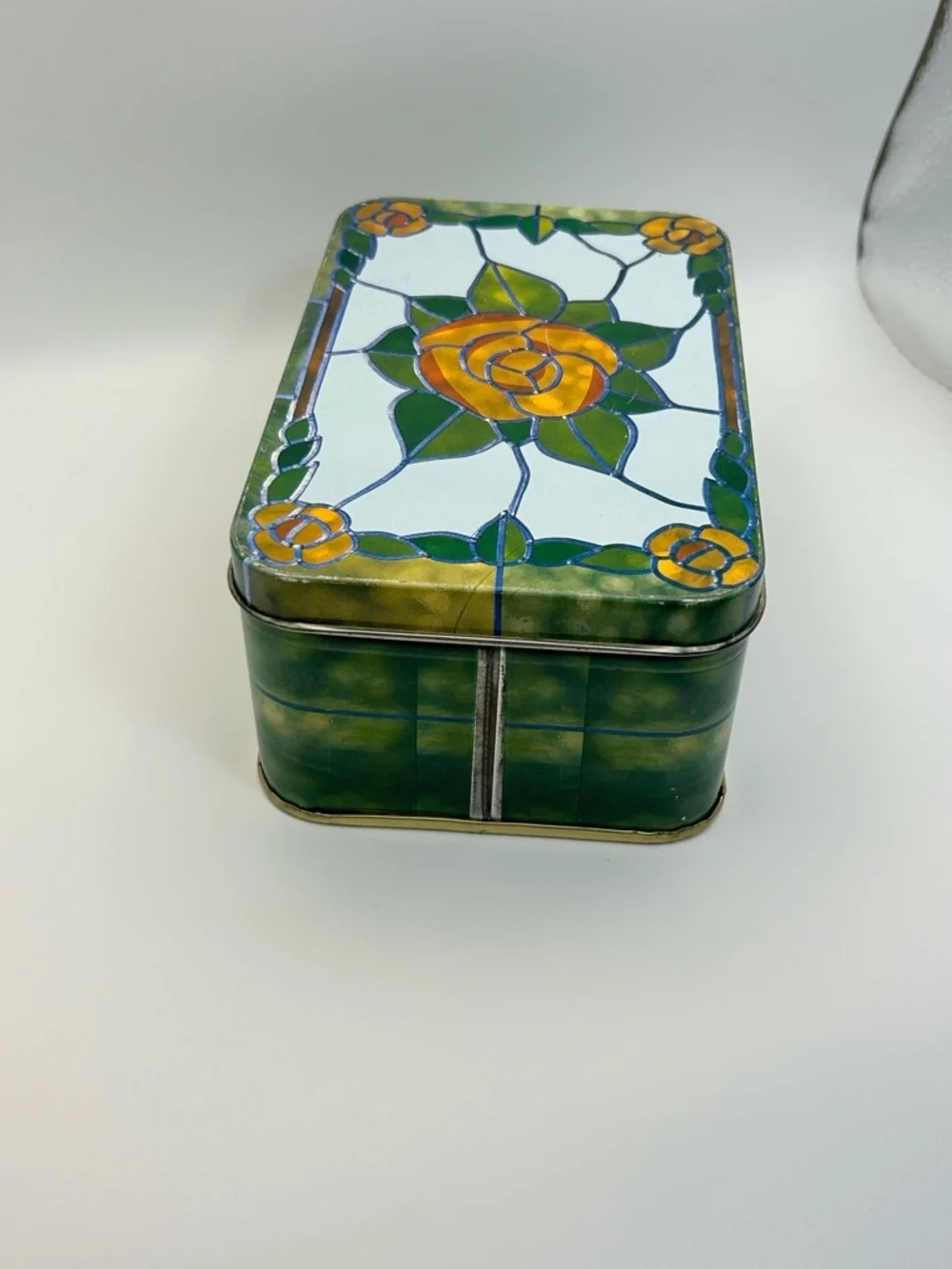 Vintage Stained glass Rose Tin Rectangular Storage Box Green White Orange Yellow
